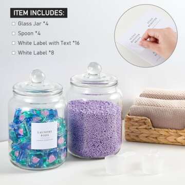 4 Pack Glass Jars with Lids and Labels, Glass Containers for Laundry Room Organization and Storage, Half Gallon Airtight Glass jars Holder for Laundry Detergent, Pods, Scent Booster Beads, 4 Spoons