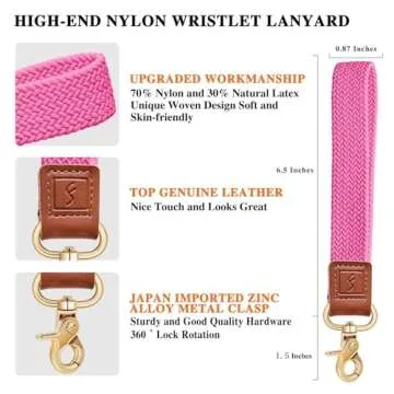 Fishent Stretchy Wristlet Keychain,Braided Cute Wrist Lanyards for Keys, Key Chain Holder for Women Men, Wrist Strap Keychain for Car Keys Phone Camera Wallet ID Badges Card (Pink)
