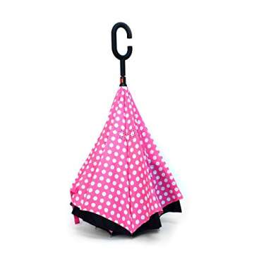 Parquet Pink Polka Dot Double Layer Inverted Umbrellas - C Shaped Handle Reverse Folding Windproof Umbrella for Men and Women