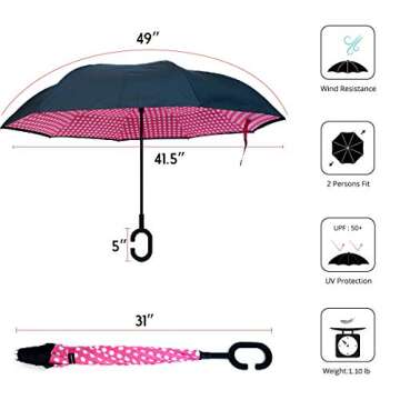 Parquet Pink Polka Dot Double Layer Inverted Umbrellas - C Shaped Handle Reverse Folding Windproof Umbrella for Men and Women