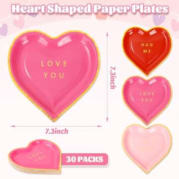JarThenaAMCS 30Pcs Valentine Paper Plate Gold Foil Heart Disposable Dessert Plate Red Pink Dinnerware Plate for Wedding Anniversary Party Supplies, 7.3 In