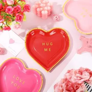 JarThenaAMCS 30Pcs Valentine Paper Plate Gold Foil Heart Disposable Dessert Plate Red Pink Dinnerware Plate for Wedding Anniversary Party Supplies, 7.3 In