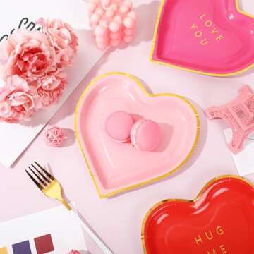 JarThenaAMCS 30Pcs Valentine Paper Plate Gold Foil Heart Disposable Dessert Plate Red Pink Dinnerware Plate for Wedding Anniversary Party Supplies, 7.3 In