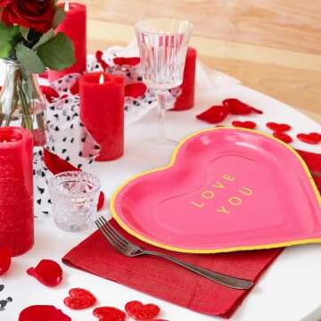 JarThenaAMCS 30Pcs Valentine Paper Plate Gold Foil Heart Disposable Dessert Plate Red Pink Dinnerware Plate for Wedding Anniversary Party Supplies, 7.3 In