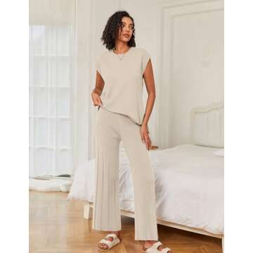 Ekouaer Lounge Sets for Women Two Piece Outfits Knit Cap Sleeve Tops Wide Leg Pleated Pants Casual Dressy Sweater Sets Beige