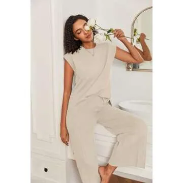 Ekouaer Lounge Sets for Women Two Piece Outfits Knit Cap Sleeve Tops Wide Leg Pleated Pants Casual Dressy Sweater Sets Beige