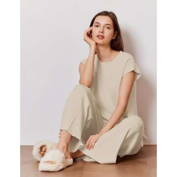 Ekouaer Lounge Sets for Women Two Piece Outfits Knit Cap Sleeve Tops Wide Leg Pleated Pants Casual Dressy Sweater Sets Beige