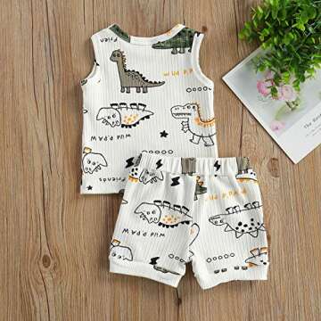 Toddler Place Baby Boys Dinosaur Clothes Ribbed Sleeveless Tank Tops and Dinosaur Elastic Waist Shorts Set Summer Clothes (White, 0-3 Months)