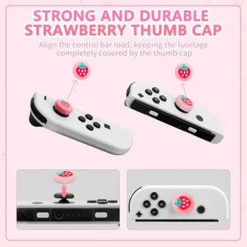HYPERCASE Pink Strawberry Carrying Case Compatible with Nintendo Switch/OLED, Portable Travel Accessories Bundle for Switch Console with 10 Game Card Slots, Shoulder Strap and 2 Cute Thumb Caps