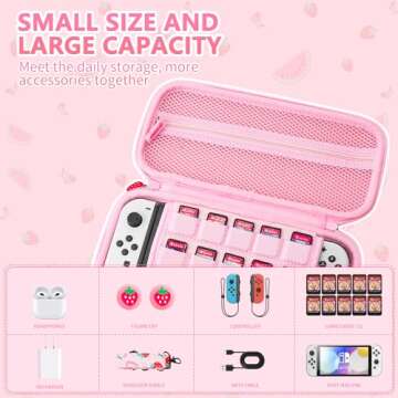 HYPERCASE Pink Strawberry Carrying Case Compatible with Nintendo Switch/OLED, Portable Travel Accessories Bundle for Switch Console with 10 Game Card Slots, Shoulder Strap and 2 Cute Thumb Caps