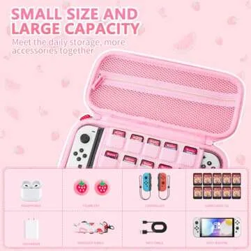 HYPERCASE Pink Strawberry Carrying Case Compatible with Nintendo Switch/OLED, Portable Travel Accessories Bundle for Switch Console with 10 Game Card Slots, Shoulder Strap and 2 Cute Thumb Caps