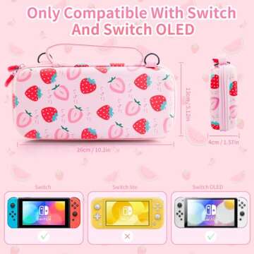 HYPERCASE Pink Strawberry Carrying Case Compatible with Nintendo Switch/OLED, Portable Travel Accessories Bundle for Switch Console with 10 Game Card Slots, Shoulder Strap and 2 Cute Thumb Caps