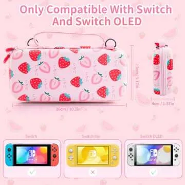 HYPERCASE Pink Strawberry Carrying Case Compatible with Nintendo Switch/OLED, Portable Travel Accessories Bundle for Switch Console with 10 Game Card Slots, Shoulder Strap and 2 Cute Thumb Caps