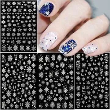 Christmas Nail Art Stickers for Festive Designs - 4 Sheets of Glittery Snowflakes