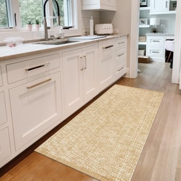 LEEVAN Washable Kitchen Runner Rug, 2' x 4.3' Boho Bathroom Rugs Cotton Tan Reversible Entryway Rug,...