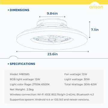 Orison RGB Ceiling Fans with Lights, 24'' Low Profile Ceiling Fan with Light and Remote, Smart Ceiling Fans with 8 Blades, Compatible with Alexa, Google Home and App Controlled (Wood)