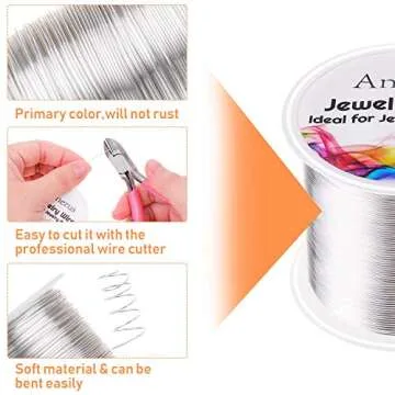 22 Gauge Jewelry Wire, Anezus Craft Wire Tarnish Resistant Copper Beading Wire for Jewelry Making Supplies and Crafting (Silver, 49 Yards/45 Meters)