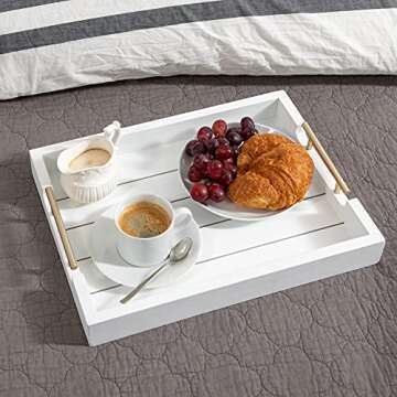 White Serving Tray with Gold Handles by Cozy Décor - Premium Decorative Trays - Coffee Table Trays for Living Room - Large Ottoman Tray -Tv Trays for Breakfast in Bed -17-Inch Wooden Tray for Ottoman