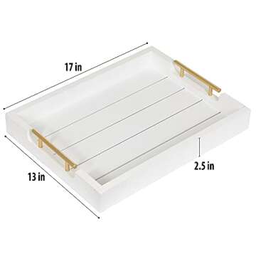 White Serving Tray with Gold Handles by Cozy Décor - Premium Decorative Trays - Coffee Table Trays for Living Room - Large Ottoman Tray -Tv Trays for Breakfast in Bed -17-Inch Wooden Tray for Ottoman
