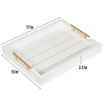White Serving Tray with Gold Handles by Cozy Décor - Premium Decorative Trays - Coffee Table Trays for Living Room - Large Ottoman Tray -Tv Trays for Breakfast in Bed -17-Inch Wooden Tray for Ottoman