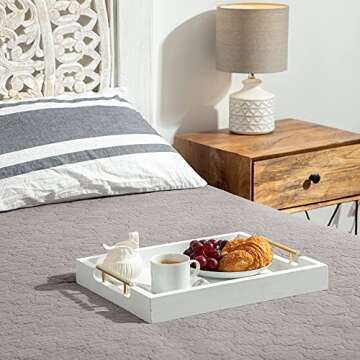 White Serving Tray with Gold Handles by Cozy Décor - Premium Decorative Trays - Coffee Table Trays for Living Room - Large Ottoman Tray -Tv Trays for Breakfast in Bed -17-Inch Wooden Tray for Ottoman