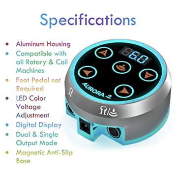 Aurora II Professional Tattoo Machine Power Supply- Touchscreen, Digital Display & Color LEDs (Silve...