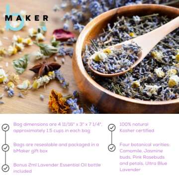 bMAKER Bulk Flower Kit Chamomile - Ultra Blue Lavender, Red Rose Buds & Petals, Marigold - 2 Cup Each Packet- Included Lavender Essential Oil