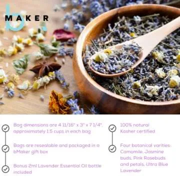 bMAKER Bulk Flower Kit Chamomile - Ultra Blue Lavender, Red Rose Buds & Petals, Marigold - 2 Cup Each Packet- Included Lavender Essential Oil