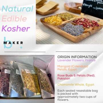 bMAKER Bulk Flower Kit Chamomile - Ultra Blue Lavender, Red Rose Buds & Petals, Marigold - 2 Cup Each Packet- Included Lavender Essential Oil