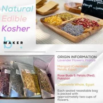 bMAKER Bulk Flower Kit Chamomile - Ultra Blue Lavender, Red Rose Buds & Petals, Marigold - 2 Cup Each Packet- Included Lavender Essential Oil