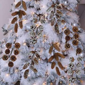 Winlyn 8 Pcs Snowy Natural Pinecone Picks Sprays Christmas Picks Spruce Pine Cones Branches Ornaments 14" Tall for Christmas Tree Rustic Floral Arrangements Wreath Holiday Centerpiece Winter Décor