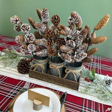 Winlyn 8 Pcs Snowy Natural Pinecone Picks Sprays Christmas Picks Spruce Pine Cones Branches Ornaments 14" Tall for Christmas Tree Rustic Floral Arrangements Wreath Holiday Centerpiece Winter Décor