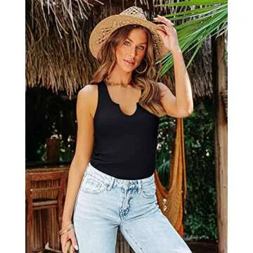 SANDERY Tank Tops for Women Ribbed Sleeveless V Neck Fitted Top Slim Racerback Basic Cami Shirt Summer Tanks Black XL