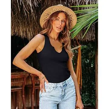 SANDERY Tank Tops for Women Ribbed Sleeveless V Neck Fitted Top Slim Racerback Basic Cami Shirt Summer Tanks Black XL