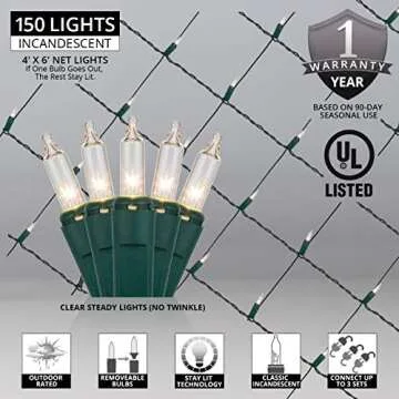 Kringle Traditions Clear Net Lights, Christmas Lights Outdoor Net, Outdoor Decorative Lights Christmas Net Lights on Green Wire (4’x 6’ net, 150 Lights, Clear)