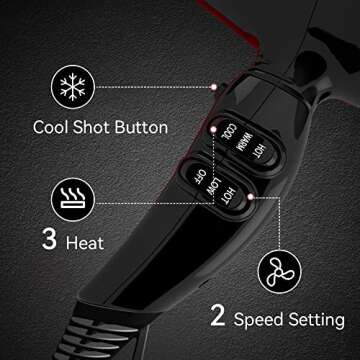 Professional Hair Dryer, 1875W Tourmaline Ceramic Blow Dryer with Concentrators, Negative Ionic Blower Fast Drying with 2 Speed and 3 Heat Setting Black