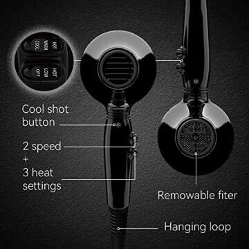 Professional Hair Dryer, 1875W Tourmaline Ceramic Blow Dryer with Concentrators, Negative Ionic Blower Fast Drying with 2 Speed and 3 Heat Setting Black