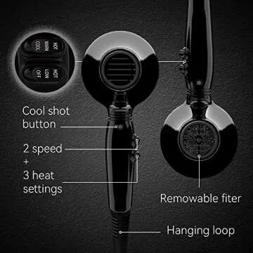 Professional Hair Dryer, 1875W Tourmaline Ceramic Blow Dryer with Concentrators, Negative Ionic Blower Fast Drying with 2 Speed and 3 Heat Setting Black