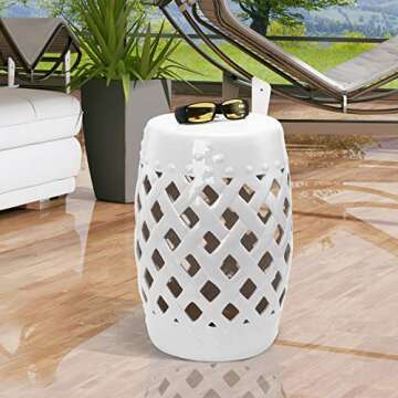 Outsunny 13" x 18" Ceramic Garden Stool with Woven Lattice Design & Glazed Strong Materials Decorative End Table, White