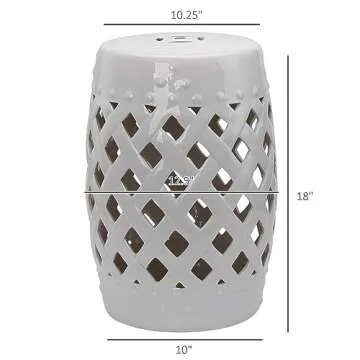 Outsunny 13" x 18" Ceramic Garden Stool with Woven Lattice Design & Glazed Strong Materials Decorative End Table, White