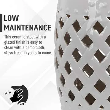 Outsunny 13" x 18" Ceramic Garden Stool with Woven Lattice Design & Glazed Strong Materials Decorative End Table, White