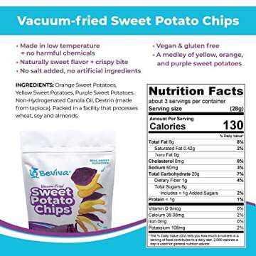 Beviva, Sweet Potato Chips Vacuum Fried and Packaged in Resealable Bag - Healthy Natural Veggie Snac...