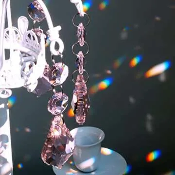 20pcs Maple Leaf Crystal Chandelier Prism Replacement Pendant Connected Glass Octagon Beads Chain for Chandelier Christmas Decoration 38mm (Pink)