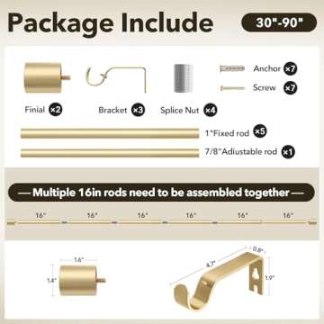 IFELS Heavy Duty Curtain Rods for Windows 48 to 84 Inch, 1 Inch Gold Curtain Rods for Outdoor, Farmhouse, Bedroom, Kitchen, Living Room, Adjustable Easy Install Curtain Rods (A2,Gold,30"-90")