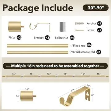 IFELS Heavy Duty Curtain Rods for Windows 48 to 84 Inch, 1 Inch Gold Curtain Rods for Outdoor, Farmhouse, Bedroom, Kitchen, Living Room, Adjustable Easy Install Curtain Rods (A2,Gold,30"-90")