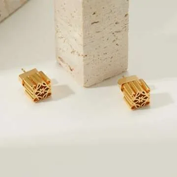 Luxurious 18K Gold Stud Earrings - Three-Dimensional Hollow-Out Design | Hypoallergenic, Ideal for Women | beautiful Gift for Fashionistas | Elegantly Complements Any Occasion
