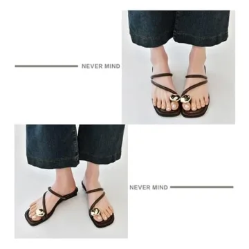 HDFDB Women's Leather Strappy Flat Metal Toe Ring Sandals Fashionable Square Open Toe Low Block Heel Slip-On Clip Toe Slide Sandals Casual Summer Beach Slipper (Black,7)