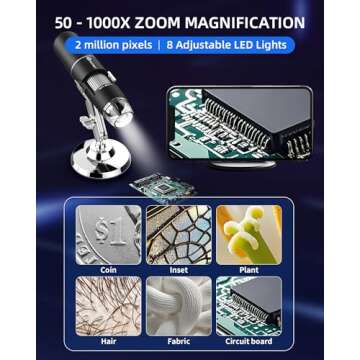 Wireless Digital Microscope Handheld USB HD Inspection Camera 50x-1000x Magnification with Stand Compatible with iPhone, iPad, Samsung Galaxy, Android, Mac, Windows Computer
