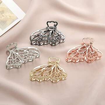 KISSKIKO Butterfly Hair Claw Clips Women 4 Pcs | Gold/Silver Cute Nonslip Small Claw Clip | Suitable for Thick Curly Long Sparse Hair Style | Metal Hair Claw Gift for Girls