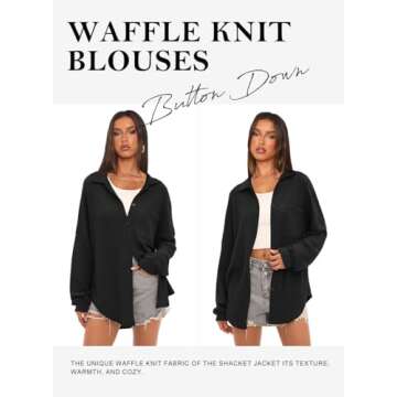 Beaully Womens Waffle Knit Shacket Jacket Casual Long Sleeve Button Down Shirts Dressy Blouses Tops 6113 Black S